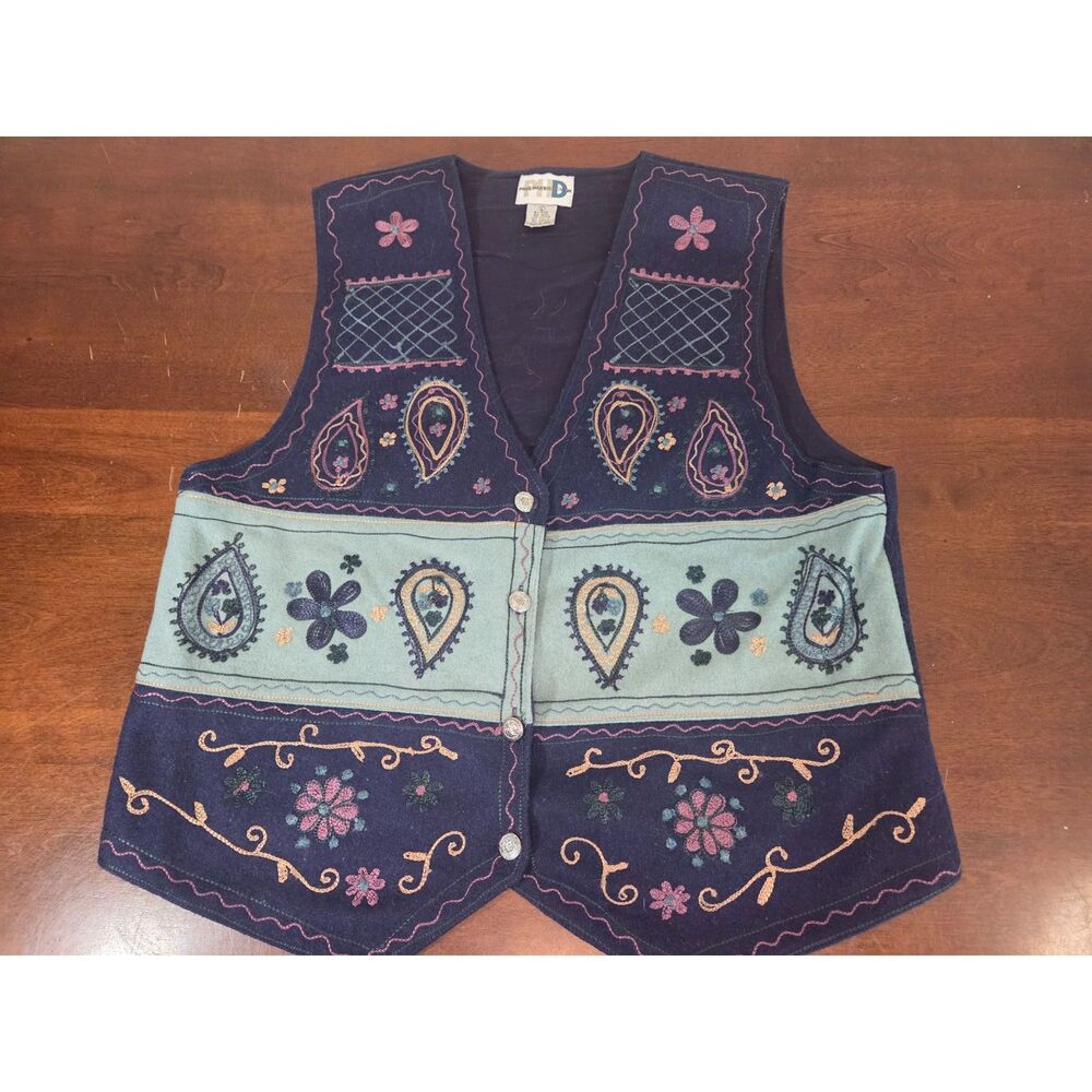 Paul Harris Design Wool Cotton Embroidered Vest Women’s Large Boho Folk Art